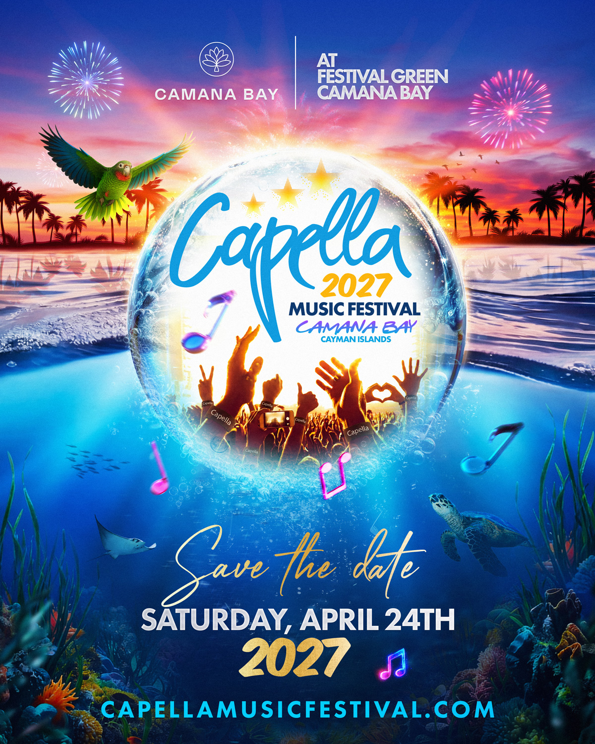 Capella Music Festival 2027 — Save the Date, Saturday April 24, at Festival Green, Camana Bay